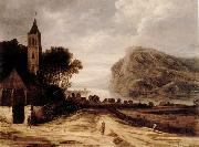 Philippe de Momper An extensiver river landscape with a church,cattle grazing and a traveller on a track France oil painting reproduction